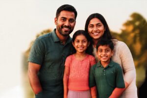 South Asian family smiling together outdoors
